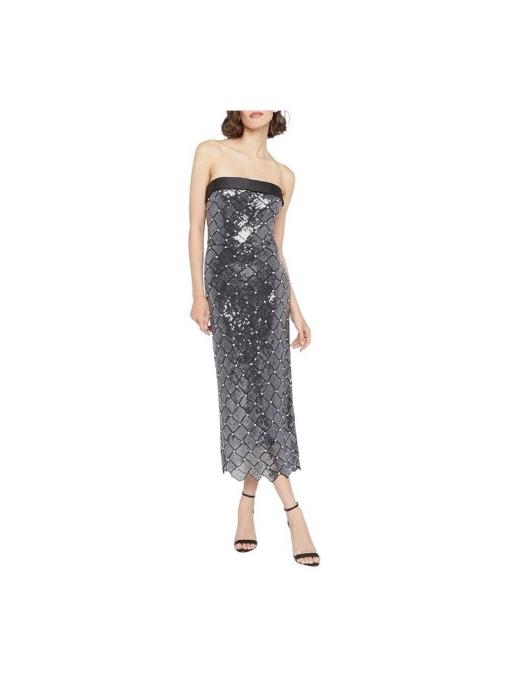 THEIA Silver Jewel Sequin Strapless Cocktail Midi Dress Size 16